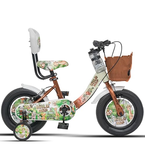Image of WildHop 12T Kids Bicycle with Training Wheels, Backrest Seat, Basket & Safety Features for Toddlers (Crean Brown, 12T)