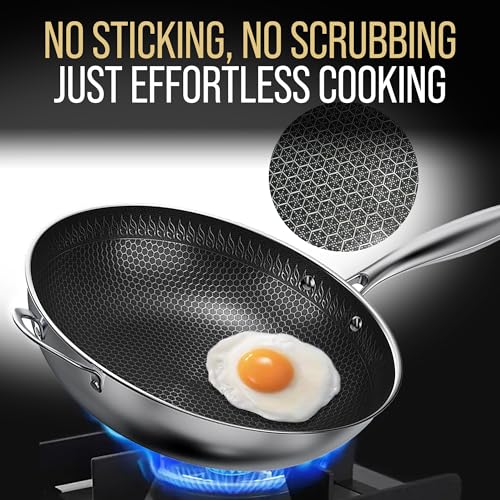 Foto de Wok - Sartén con tapa, sartenes antiadherentes de acero inoxidable para freír | Utensilios de cocina no tóxicos, aptos para lavavajillas, inducción y horno | Híbrido antiadherente de 12.5 (imagen 5)