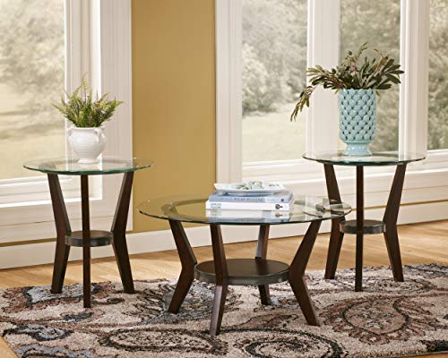 Signature Design by Ashley Fantell 3-Piece Table Set, Includes 1 Coffee Table and 2 End Tables with Glass Top and Fixed Shelf, Dark Brown