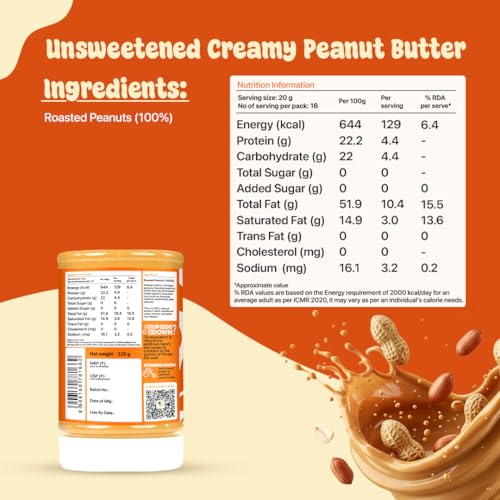 Image of Asmita Organic Farms Creamy Peanut Butter Unsweetened 325g | Made with Roasted Peanuts | No Added Sugars or Salt | High Protein Spread | Cholesterol & Trans Fat Free | Healthy Breakfast Spread