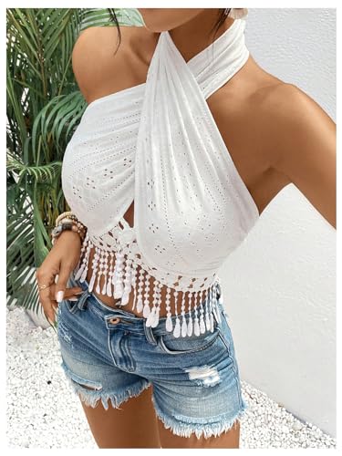 SHENHE Women's Sexy Criss Cross Wrap Halter Neck Tassel Trim Eyelet Fringe Boho Crop Tops4