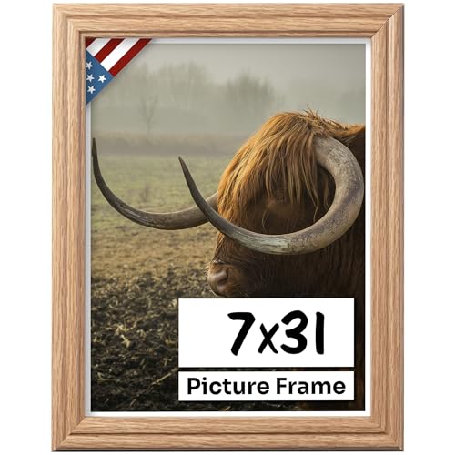 Oak 7x31 Picture Frame .75" Inch Wide - Faux Oak Decor Handmade Solid Wood Frames with Preinstalled Hangers and UV Blocking Plexiglass 31x7 Frame