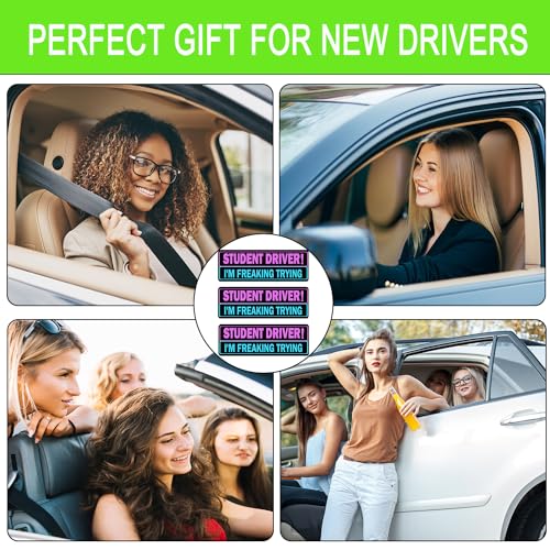 Image of 3 Pack Student Driver Magnet for Car, Magnetic Student Driver Sign for Vehicle, Reflective Warning Bumper Sticker Magnet Sign for New Driver, 10 inch x 4 inch (Black-PinkBlue)