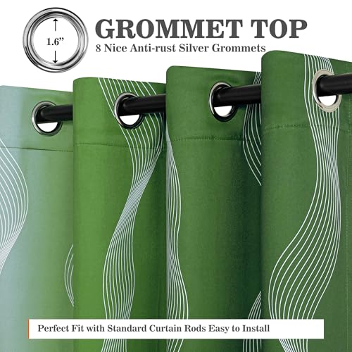 Image of MYSKY HOME Green and Greyish White Blackout Patterned Curtains 72 inch Long 2 Panels for Bedroom Ombre Geometric Thermal Insulated Wave Line Foil Print Grommet Window Curtains, 52 inch W Each Panel