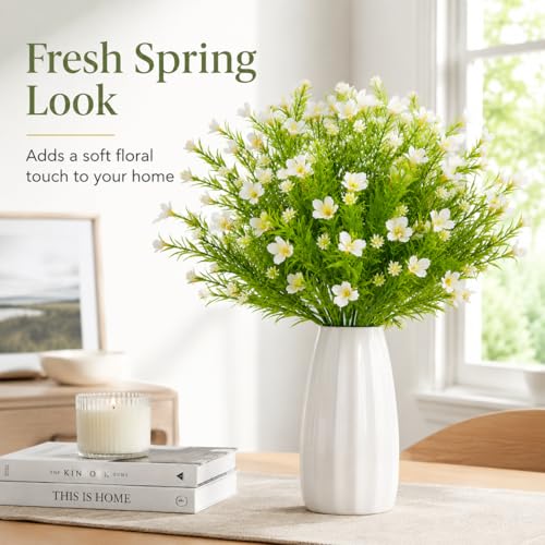 RAINFLOW White Artificial Flowers - 3PCS Fake Flowers Daisy Decor Faux Plastic Flowers Bouquet Fake Plants for Home Room Window Wedding Tables Centerpieces Party Decoration image 2