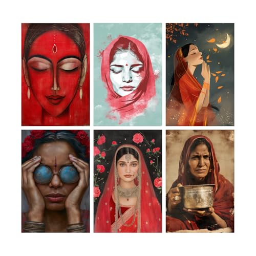 Image of SiddArtify Red and Teal Indian Women Art Print Set - 300GSM Board - 12x18 Inch - Pack of 6 Wall Room Decoration art Poster Prints
