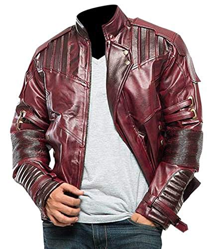NM-Fashions Men's Peter Guard Galaxy Star King Adult Costume Halloween Distressed Maroon Quill Cosplay Faux Leather Jacket (X-Large)