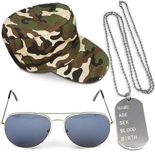 Instant Army Fancy Dress Set - Camouflage HAT Dog Tags Gold Aviators Mens Ladies Unisex