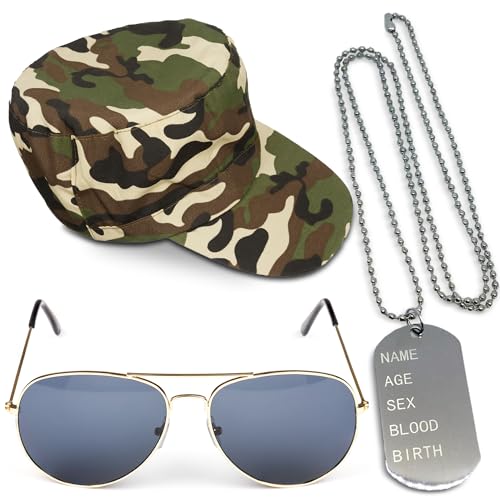 INSTANT ARMY FANCY DRESS SET - CAMOUFLAGE HAT DOG TAGS GOLD AVIATORS MENS LADIES UNISEX