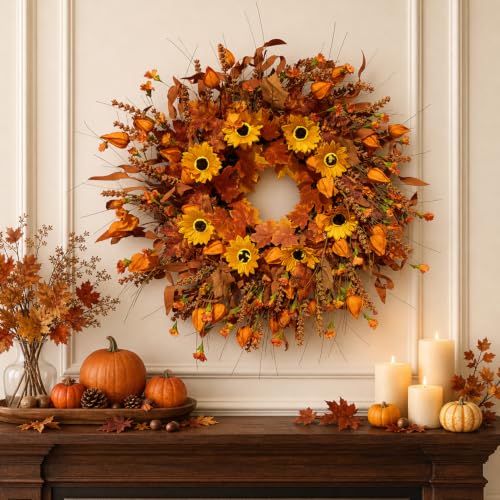 24 Inch Fall Wreath for Front Door, Artificial Autumn Harvest Door Wreath - image 2