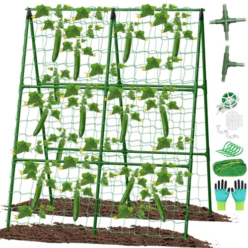 Cucumber Trellis for Raised Bed 79 x 119 cm Adjustable A-Frame Garden Trellis with Netting Rustproof Metal Climbing Plant Support Frame Clips Ties Gloves for Beans Peas Tomatoes Flower Vines