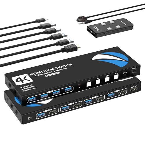 KVM Switch 4 Computers 1 Monitors 4K@60Hz HDMI USB3.0 KVM Switcher for 4 Computers Share 1 Monitor and 4 USB Device Keyboard Mouse Printer KVM Switches with IR Remote Control and 4 USB3.0 Cable