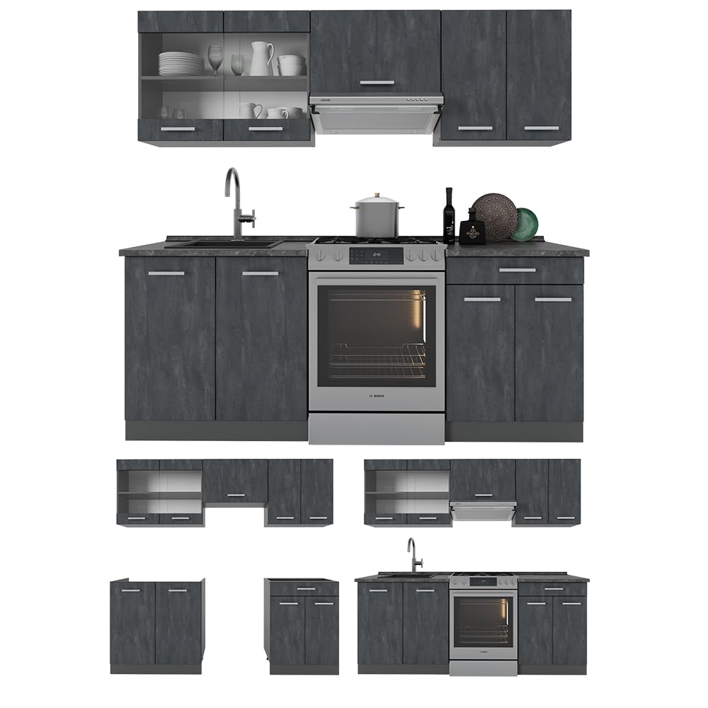 Vicco Mobile da cucina R-Line, Calce nera/antracite, 200 cm PL Antracite, adatto per l'espansione individuale con moduli aggiuntivi