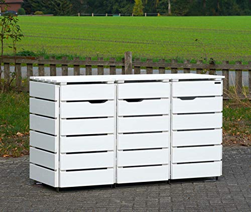 Set di 3 contenitori per bidoni della spazzatura, 120 l, in legno, colore: bianco