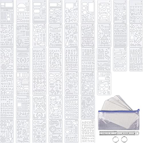 48 Pieces Journal Planner Stencils Plastic Bullet Stencil with A6 File Bag, Steel Ruler and 2 Pieces Metal Key Rings for Notebook, Diary, Scrapbook and DIY Drawing Template, Total 52 Pieces