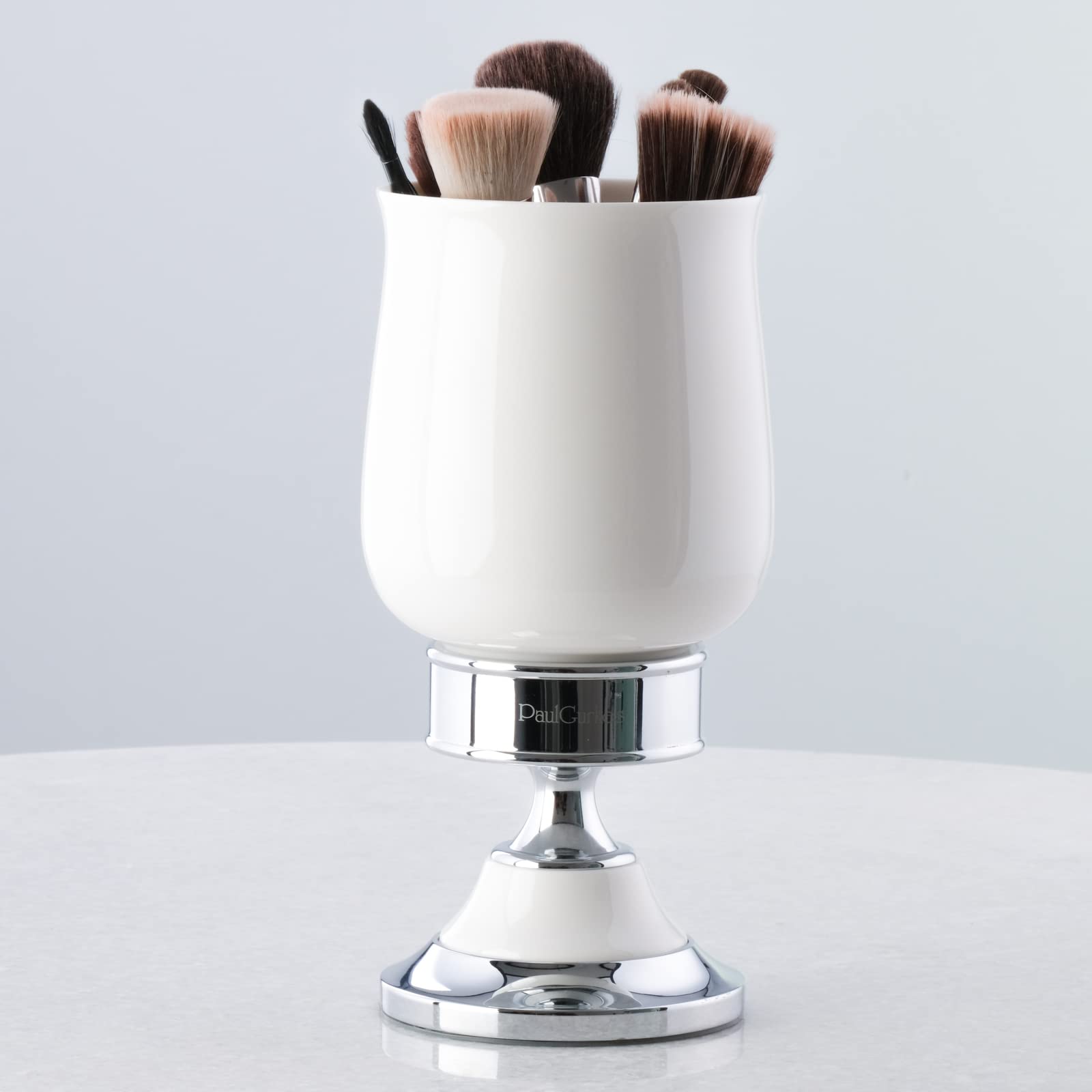 Grand Récipient de Maquillage en Céramique Blanc, Laiton Massif Moulé, Base Antidérapante, Gobelet Céramique Salle de Bain, Collection COSMOS