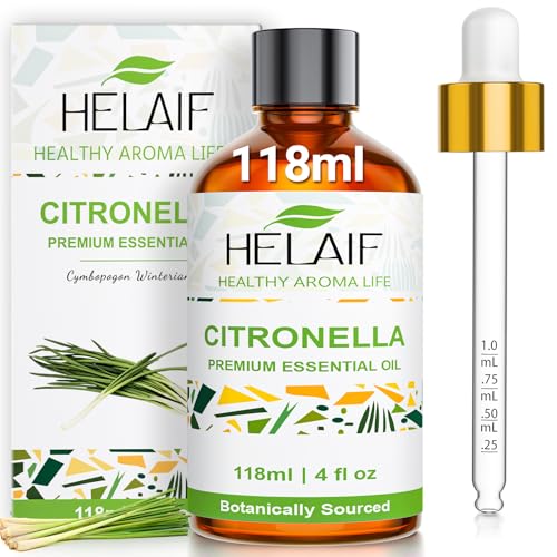 HELAIF Aceite Esencial de Citronela 118 ml (4 OZ) Para el Cuidado de la Piel y Efecto Calmante Adecuado para Difusores Masajes y Ambientador