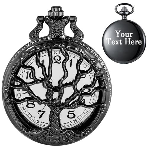 Image of Tiong Pocket Watch Hollow Tree of Life Design Roman Numerals Customizable Quartz Pocket Watch with Chain Birthday Gifts