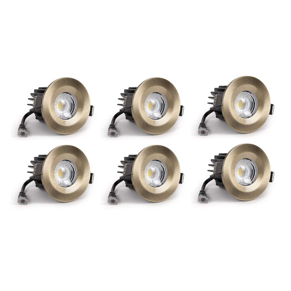 The Soho Lighting Company 6 Pack - Antique Brass LED Ceiling Downlights, Fire Rated, Fixed, IP65, CCT Switch, High CRI, Dimmable - for Bathroom, Bedroom, Kitchen