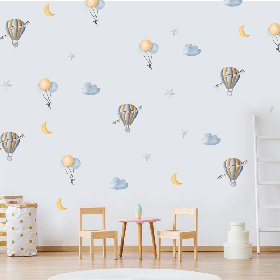 Hot Air Balloon Wall Stickers for Nursery - Cloud Moon Star Wall Decals Waterproof Removable - Large Baby Room Decoration Kids Bedroom Playroom Decor Travel Theme Adventure Nursery Wall Art-picture-45