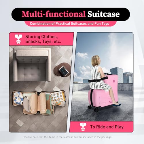 20" Kid's Ride-on Travel Suitcase, Rolling Luggage with Wheels Carry Trolley Password Lock Airplane Travel Essentials for Children's Day Gift,Festival Gift (Pink)3