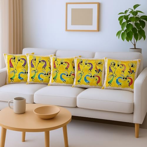 Image of Jute Cushion Cover 20x20 Inch - Set of 7 Decorative Throw Pillow Covers for Sofa, Couch or Bed - Designer Printed Square Cushion Covers - Home Decor (Yellow Tribal Dancers)