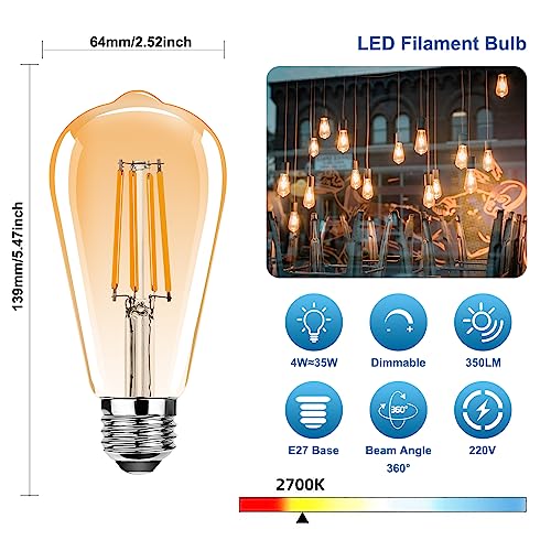 ProCrus E27 4W Edison Light Bulb,E27 Dimmable Vintage LED Light Bulbs,ST64 LED Light Bulbs,350LM,Equivalent 35W,2700K Warm White,Retro Antique Style,Amber,Dimmable,Pack of 3 - Image 2