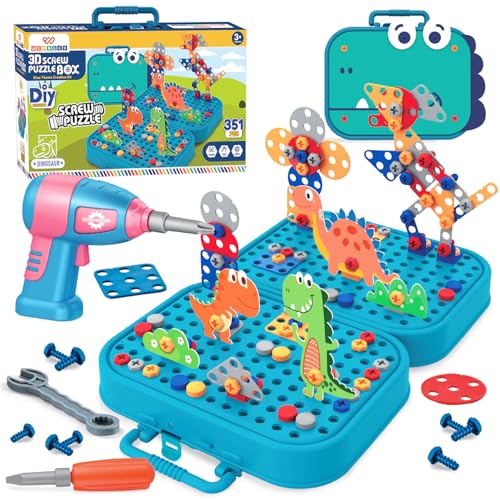 Image of Wembley Electric Drill Screw Puzzle Set| Creative Dinosaur Themed Art Puzzle for Kids| 351 Pieces with Electric Screwdriver| 2D & 3D Building Block Kit| STEM Educational Activity Set for Boys & Girls
