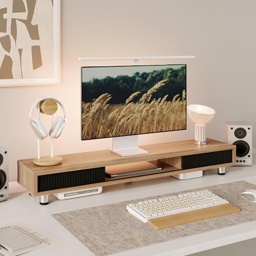 Image of Fenge Dual Monitor Stand, 42.5inch Long Monitor Stands Riser for 2 Monitors, Glass Sliding Door with Storage Organizer Stand for Desk, 2 Tier Desk Shelf for Laptop, Pc, Printer, Computer, TV