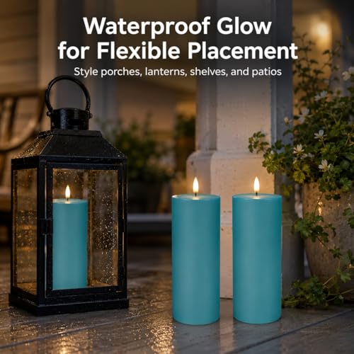 Image of Blue Flameless Pillar Candles, 8 x 3 Inch, Set of 2 | Blue Plastic Pillar Candles, Waterproof, 6 Hour Timer, Indoor Outdoor Decor