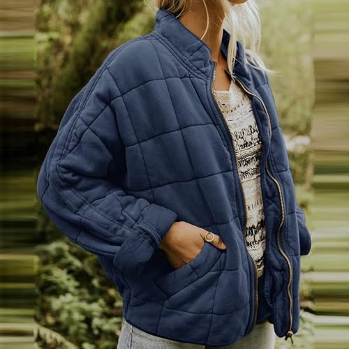 Quilted Jacket for Women Lightweight Down Coat Full Zip Stand Collar Oversized Button Casual Jackets Fall Winter Outwear2