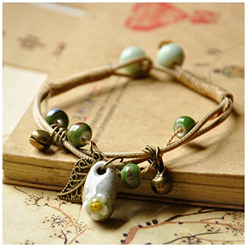 Traditionnel Tribal Ethnique Porcelaine Ice Crack Vintage Céramique Perles Bracelet Bohémien Femmes À La Main À La Mode Bijoux Bijoux Ajustable, Vert (Vert)