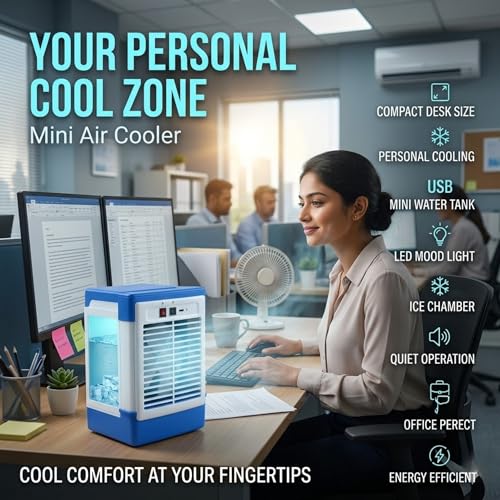 Image of Drumstone Portable Personal Air Cooler with Adjustable Speed Control - USB Rechargeable Mini Desktop Fan for Office, Bedside, and Small Spaces - Quiet Evaporative Cooling Unit