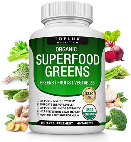 Organic Super Greens Capsules Superfood Fruit Veggie Supplement - 28 Powerful Natural Ingredients with Alfalfa, Beet Root, Tart Cherry & Ginger for Immune & Energy Support, for Men Women, 60 Tablets