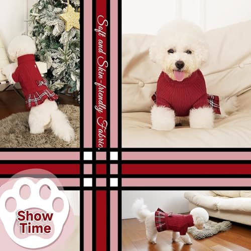 Image of YUDODO Small Dog Sweater Dress with Bowtie Turtleneck Knitted Pet Clothes | Fall Winter Warm Pet Clothes, For Small Dogs Girl, Soft Knit Fabric, Leash Hole, Long Sleeve, Red, S