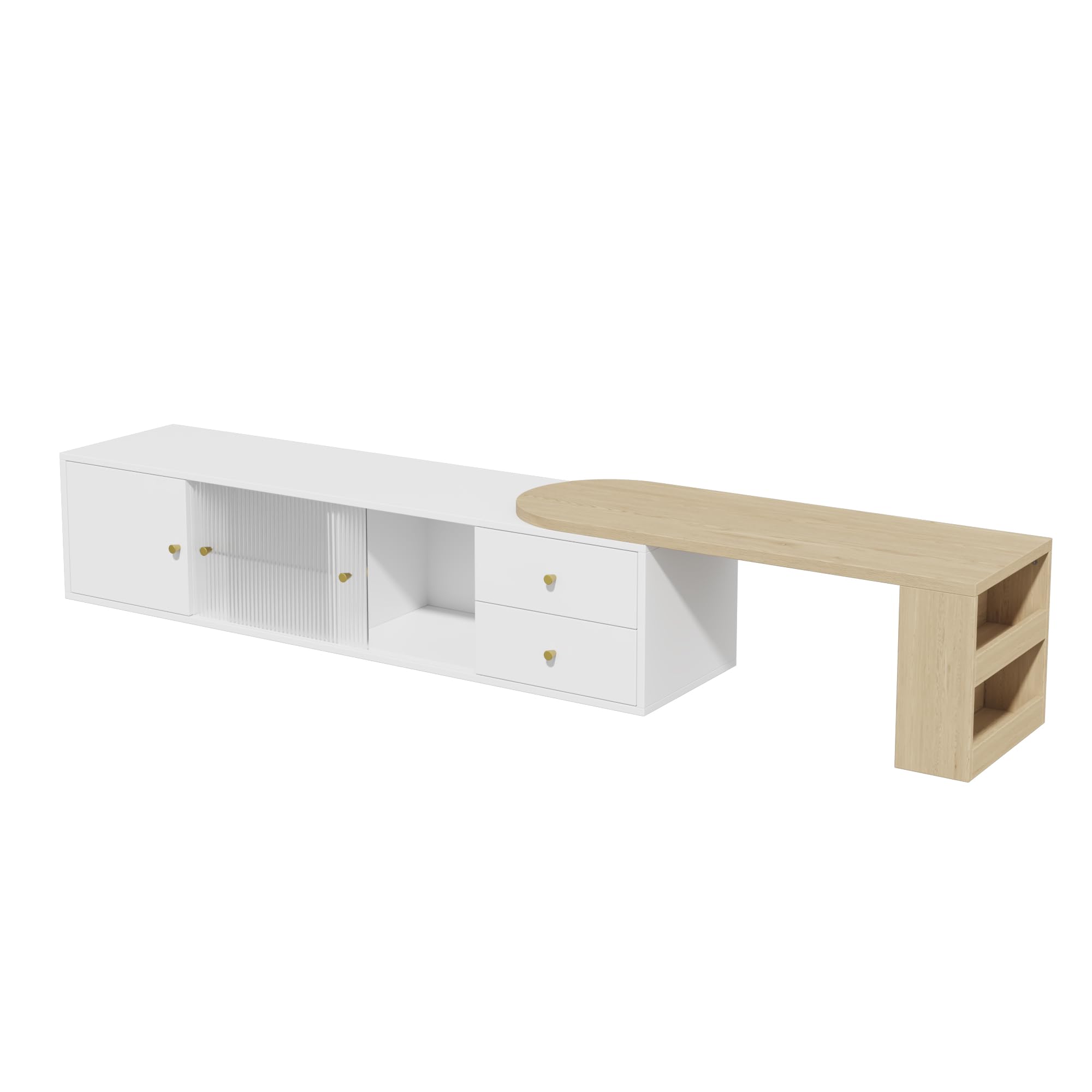 175 - 220 cm Mobile Porta TV Allungabile per Soggiorno, con LED, Credenza TV Bassa con 2 Ante Vetrate Scorrevoli e 2 Cassetti, MDF Bianco con Piano in Legno Rimovibile, Maniglie Dorate, 175x40x38 cm
