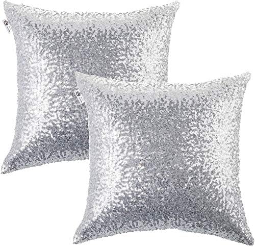 Kevin Textile Decorative Glitzy Sequin & Comfy Satin Solid Christmas Throw Pillow Cover Sham 18 Inch Square Pillow Case, Hidden Zipper Design, (2 Packs,Silver)