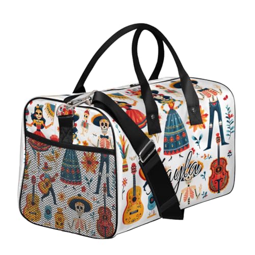 Funny Skull Custom Travel Bag, Personalized Duffle Bag with Initials Name, Boho Guitar Floral Sports Dance Gym Tote Bags Weekender Overnight Bags for Women Men3