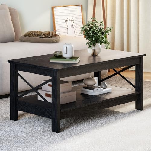 GOOBED Modern Coffee Tables for Living Room with Storage, Farmhouse 2-Tier Rectangular Coffee Table, 39.4" Coffee Table with Ample Storage Ideal for Living Room Home Office, Black
