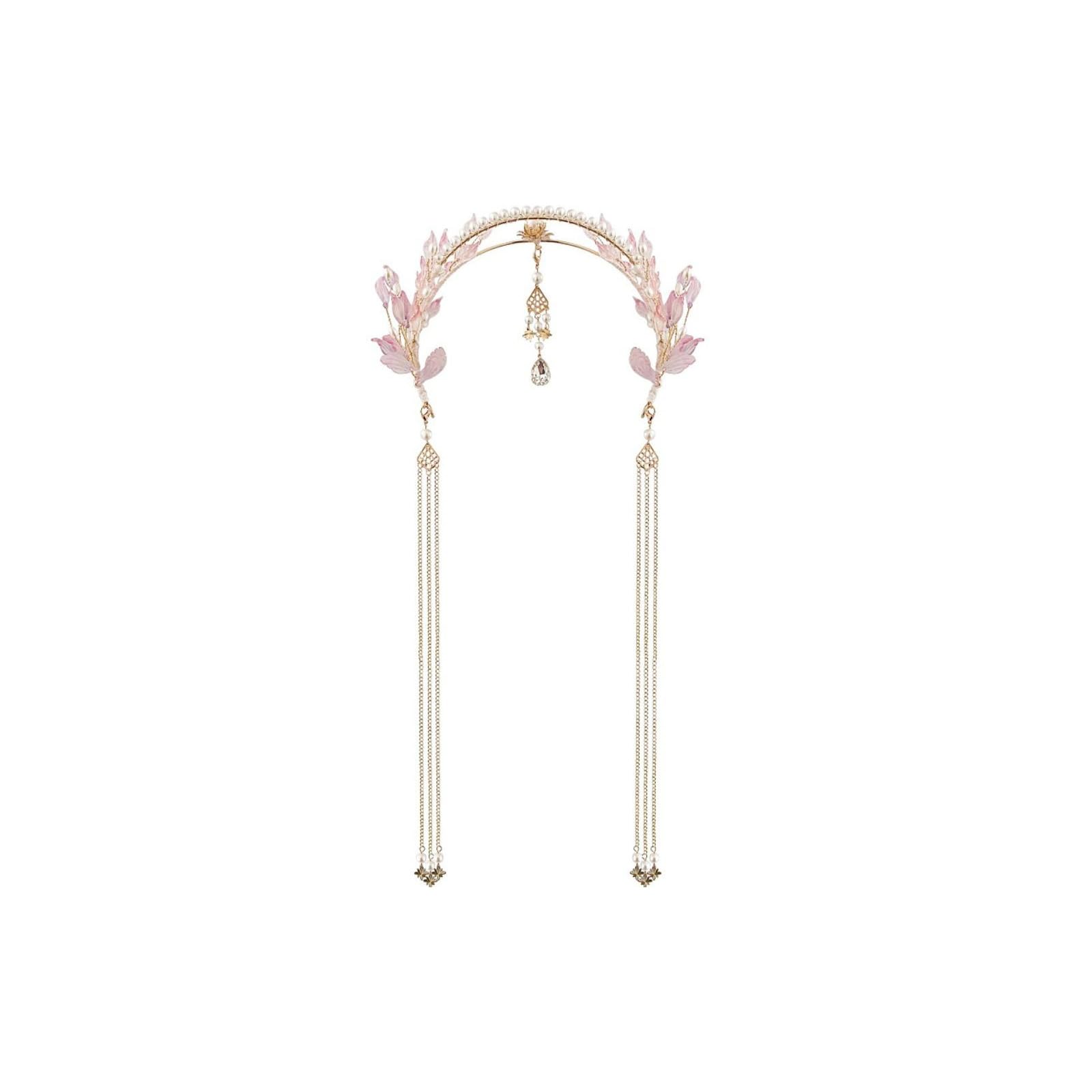 Pokinge Tassel Fake Earrings Hairband, Chinese Style Leaf Long Tassel Hanfu Style Headband Hanfu Fairy Headdress Tassel Buyao Headband Crown Antique Hair Accessories