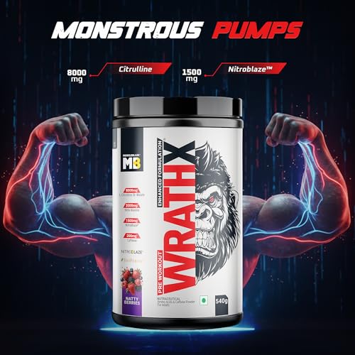 Image of MuscleBlaze Pre Workout WrathX Powder (Natty Berries, 540g) | With Creapure, NitroBlaze & BioPerine