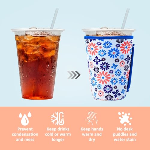 Image of KJQJLY 3 Pack Reusable Iced Coffee Sleeves for Iced Coffee Cups or Drinks Reusable Neoprene Insulated Sleeves for Hot and Cold Drinks from Starbucks, Dunkin, And More (Blue Flower)