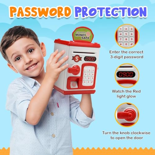 Image of Piggy Bank Toy for Kids and Adults - Gullak Money Safe with Number Password and Touch Sensor - Money Saving Mini ATM Toy with Lights and Sound (Red -White)