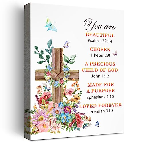 YEOION Inspirational Bible Verses Wall Decor, You Are Beautiful Flower Cross Canvas Art Print, Christian Positive Affirmation Wall Art, Scripture Home Office Bedroom Decoration
