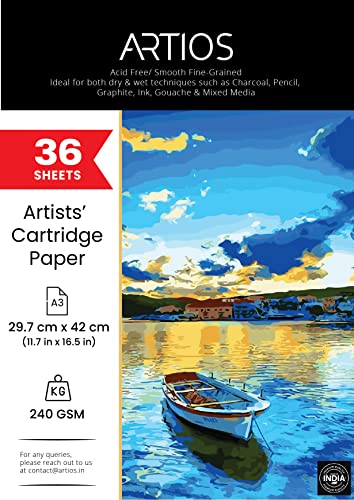 Image of ARTIOS Mixed Media Cartridge Paper A3 240 GSM - 36 Drawing Sheets for Artists, Ideal for Charcoal, Graphite, Acrylic, Watercolor, Gouache, Ink, & Other Mixed Media