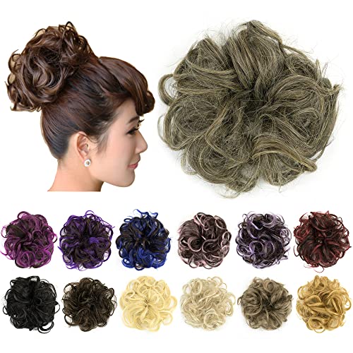 IMISSU 2PCS Messy Bun Hair Piece Updo Fake Scrunchies Ponytail Extension Wavy Curly Hairpieces Chignon Headband for Women Girls (2PCS Mixed Grey)