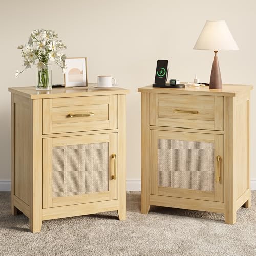 Decofy Rattan Nightstand with Charging Station Set of 2 Modern End Tables with Storage and One Drawers Outlets USB Ports and Type-C Ports Wood Nightstands for Bedroom Dorm and Small Spaces Oak