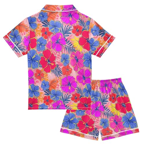 ALAZA Purple Hibiscus Flower Blossom Satin Pajamas Set Short Sleeve Button Down Sleepwear Summer Pjs 2 Piece2