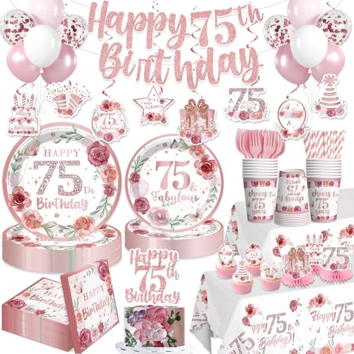 Yingto 196 PCS 75th Birthday Decorations for Women, Happy 75th Birthday Party Supplies with Plates, Napkins, Cups, Banner, 2 Tablecloths, Balloons & Cupcake Toppers, Serves 25, Floral Theme
