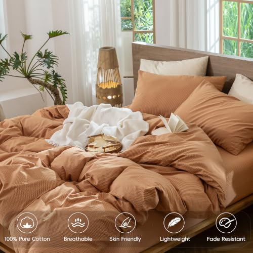 Image of MooMee Striped Duvet Cover Set 100% Washed Cotton Linen Like King | Relaxed Linen-like Texture. Soft, Breathable & Long-lasting Comfort. Lightweight. Hidden Zipper with 8 Interior Corner Ties